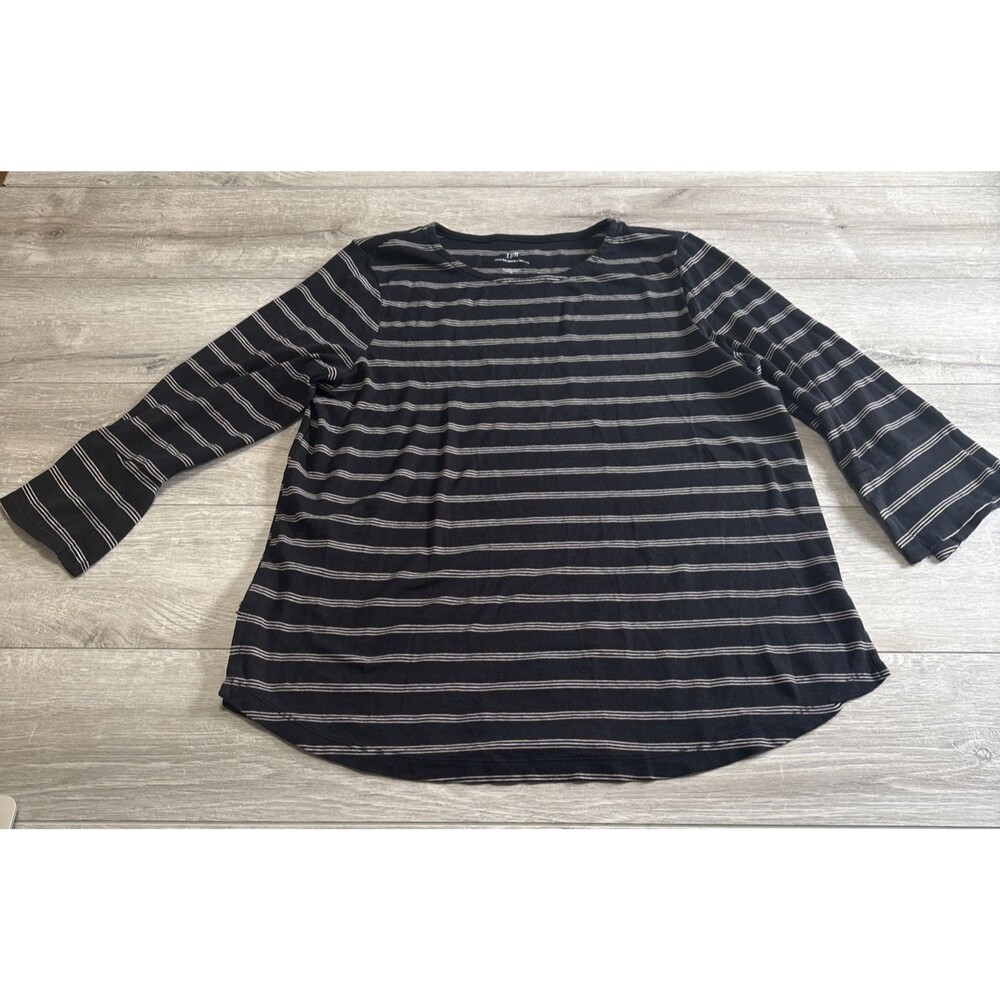J. Jill Pima Forward-Seam V-Neck 3/4 Sleeve T Black Whit Tan Striped Size Medium